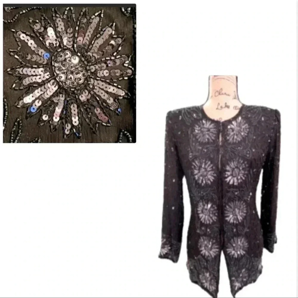 Brilliante Blazer Vintage beads Sequins black & silver jacket  midi size small - Picture 1 of 12
